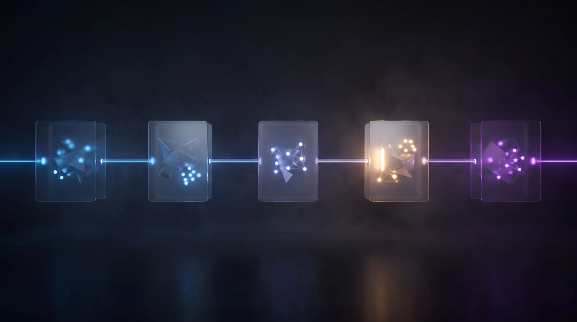 A chain of five connected processing stages carrying data from left to right, the fourth stage lit differently to mark the point where a person reviews the result before it continues — an abstract representation of an AI workflow with a human approval gate