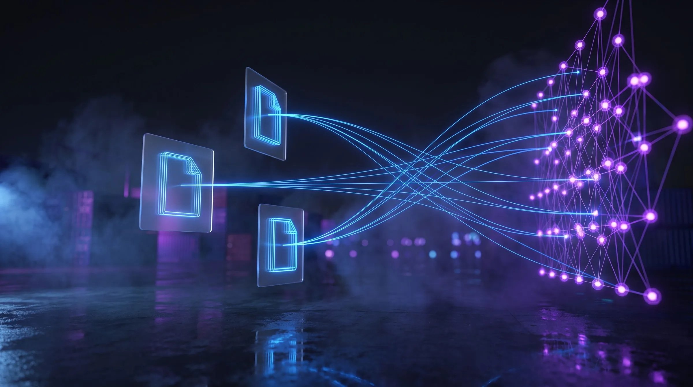 AI workflow for freight forwarding: shipping documents such as bills of lading and commercial invoices being read and cross-checked, then converged into a single structured shipment record, visualised against a night-time container terminal