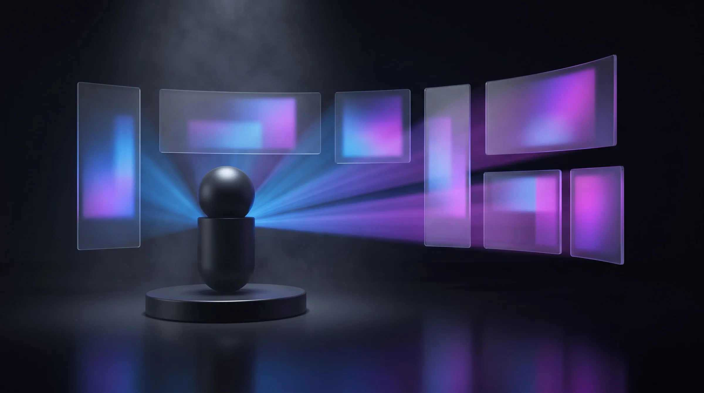 AI workflow for retail brands: one product on a pedestal projecting into panels of different proportions, illustrating a single SKU expanded into channel-specific and market-specific launch content