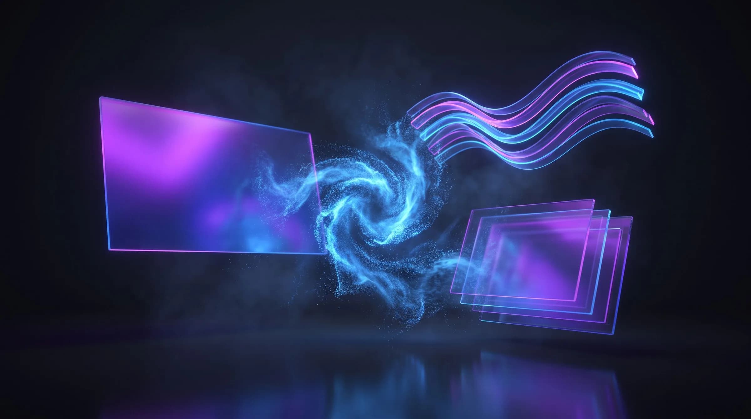 Abstract visualisation of the AIGC SaaS platform: a core of light resolving into three outputs - a still image plane, an audio waveform and a stack of video frames