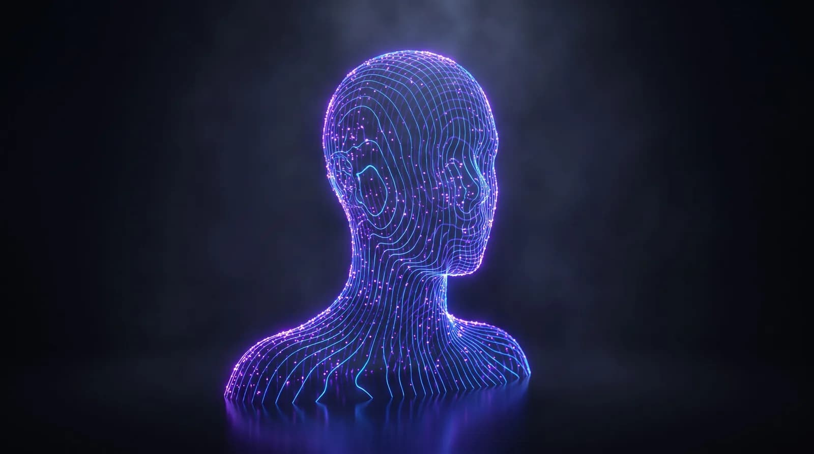 Abstract visualisation of an AI digital human: a head and shoulders formed from flowing contour lines of blue and purple light rather than a photographic face
