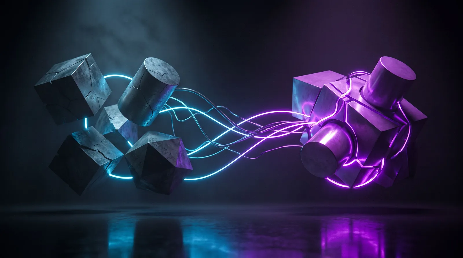 Abstract visualisation of systems integration: fractured, mismatched geometric modules drawn by conduits of light into a single unified assembly