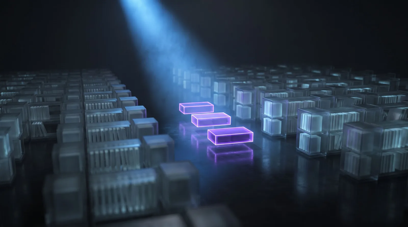 Abstract visualisation of an AI knowledge base: a beam of light cutting through a vast archive lattice and lifting three matching records out of the grid